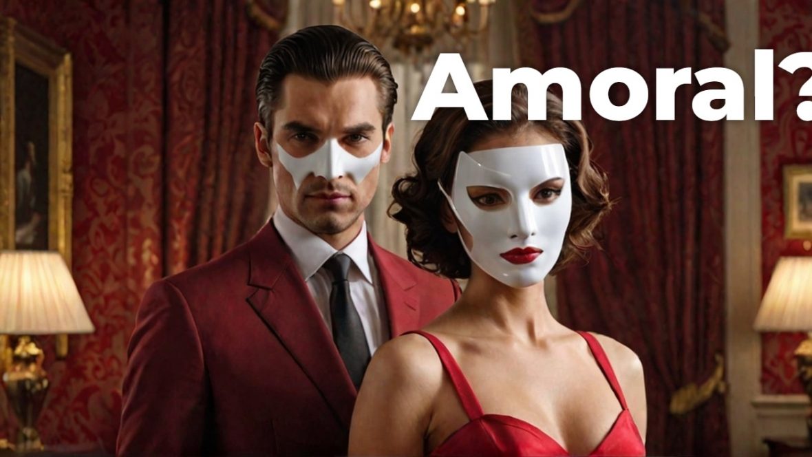 A man in a red suit and a woman in a matching red dress, both wearing white half-face masks in a lavish room. The word “Amoral?” appears as overlaid text.