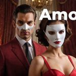 A man in a red suit and a woman in a matching red dress, both wearing white half-face masks in a lavish room. The word “Amoral?” appears as overlaid text.