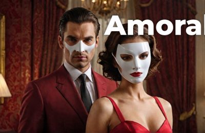 A man in a red suit and a woman in a matching red dress, both wearing white half-face masks in a lavish room. The word “Amoral?” appears as overlaid text.